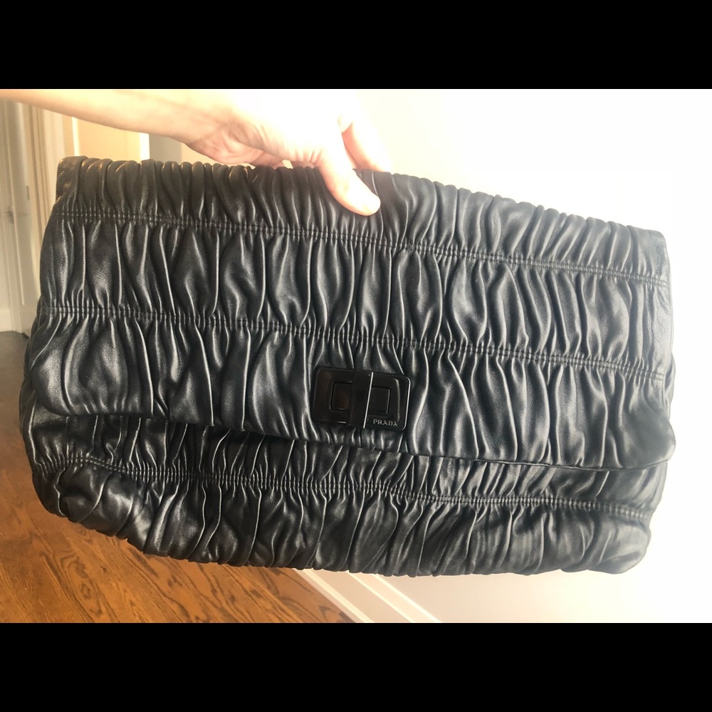 Authentic Prada black Napa ruched clutch